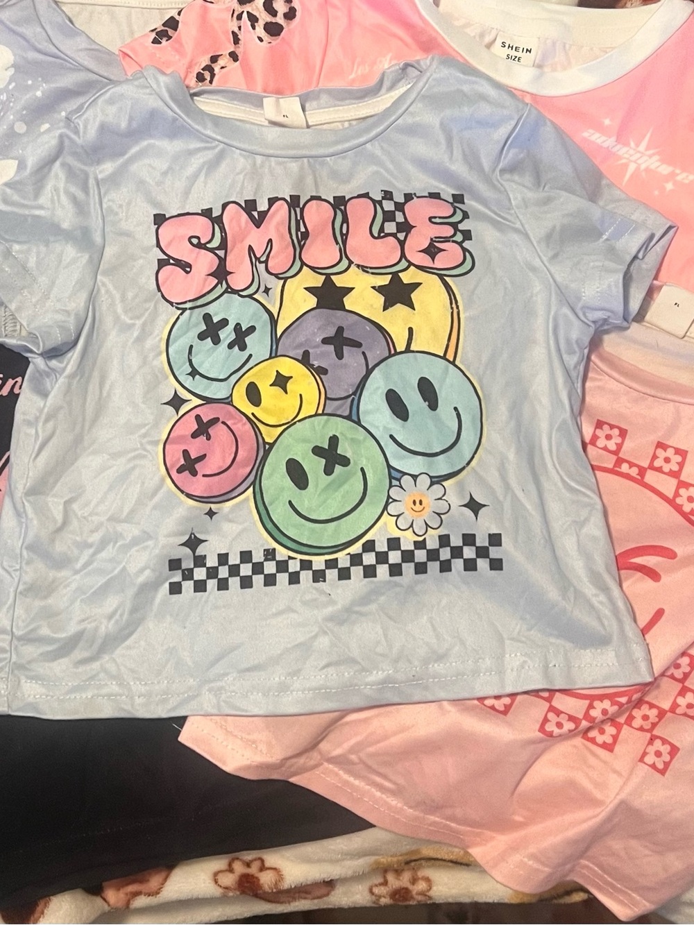 SHEIN Light Blue Graphic "SMILE" Short Sleeve Tee with Pastel Smiley Faces